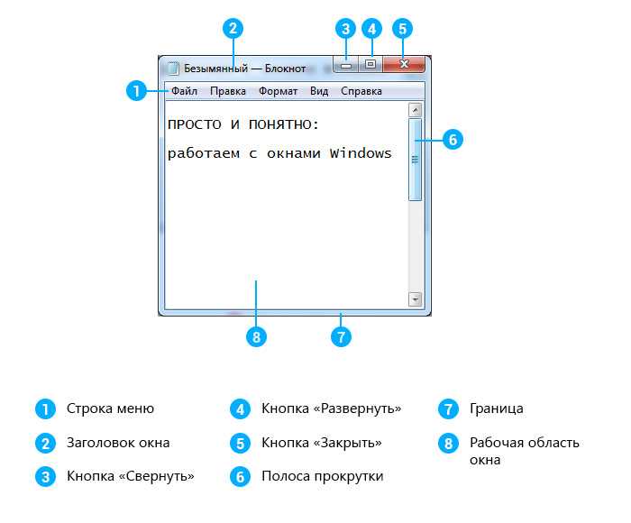 Работа с программой window. Элементы окна виндовс 10. Элементы интерфейса окна виндовс. Названия частей окна виндовс. Элементы окна программы блокнот.