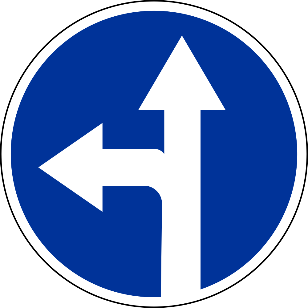 Знак со стрелкой на синем фоне. 4.5.1 Дорожный знак. Знак 4.1.2 движение направо. 4.1.4 Дорожный знак. Знак 4.1.6 движение направо или налево.